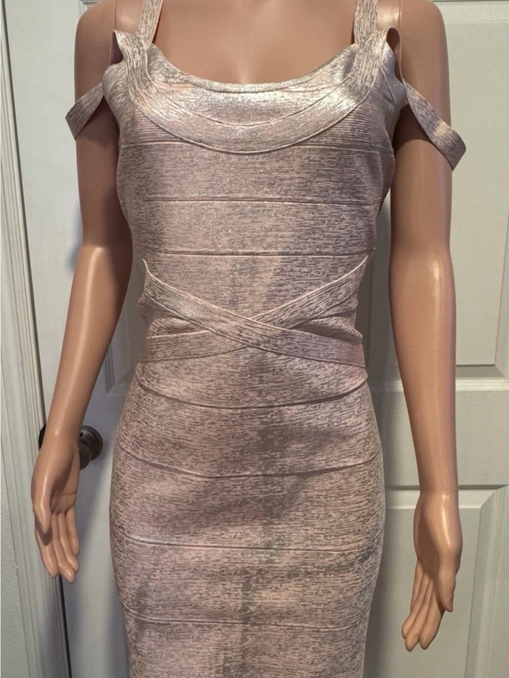 JS Collections Metallic Plissé Off-the-Shoulder Bodycon Dress - Rose Gold Size M
